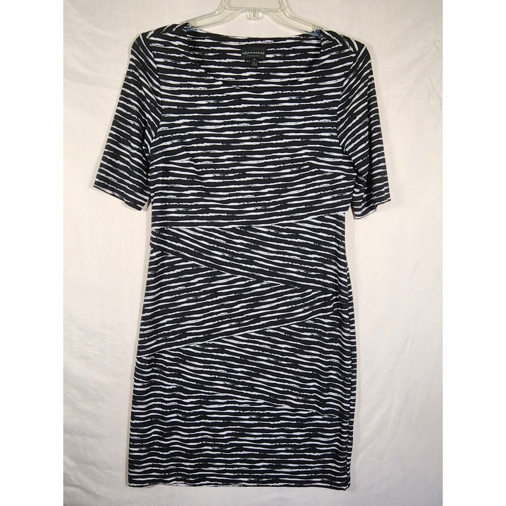 Connected Apparel Womens 10 Dress Black White Stripe Tiered Stretch Bodycon